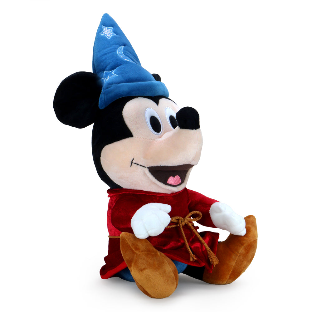 Disney Sorcerer Mickey HugMe plush, 16-inch soft plush toy from Fantasia featuring detailed Sorcerer Mickey character.