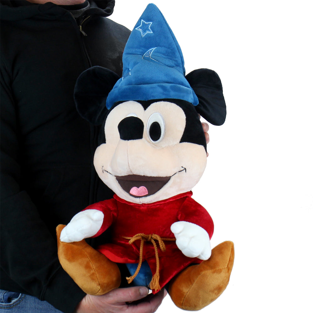 Disney Fantasia Sorcerer Mickey 16-inch HugMe plush toy, soft fabric plush featuring Sorcerer Mickey from Fantasia.
