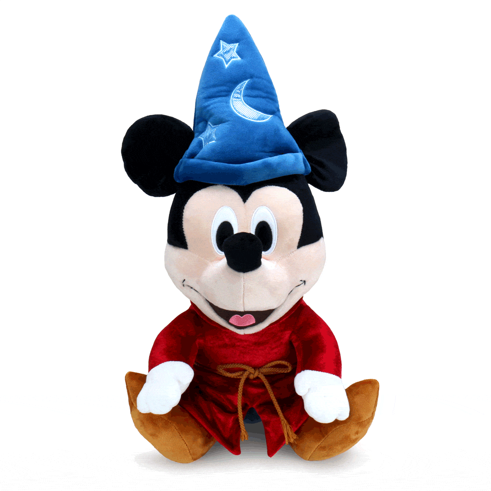 Disney Fantasia Sorcerer Mickey 16-inch HugMe plush toy, soft fabric plush featuring Sorcerer Mickey from Fantasia.