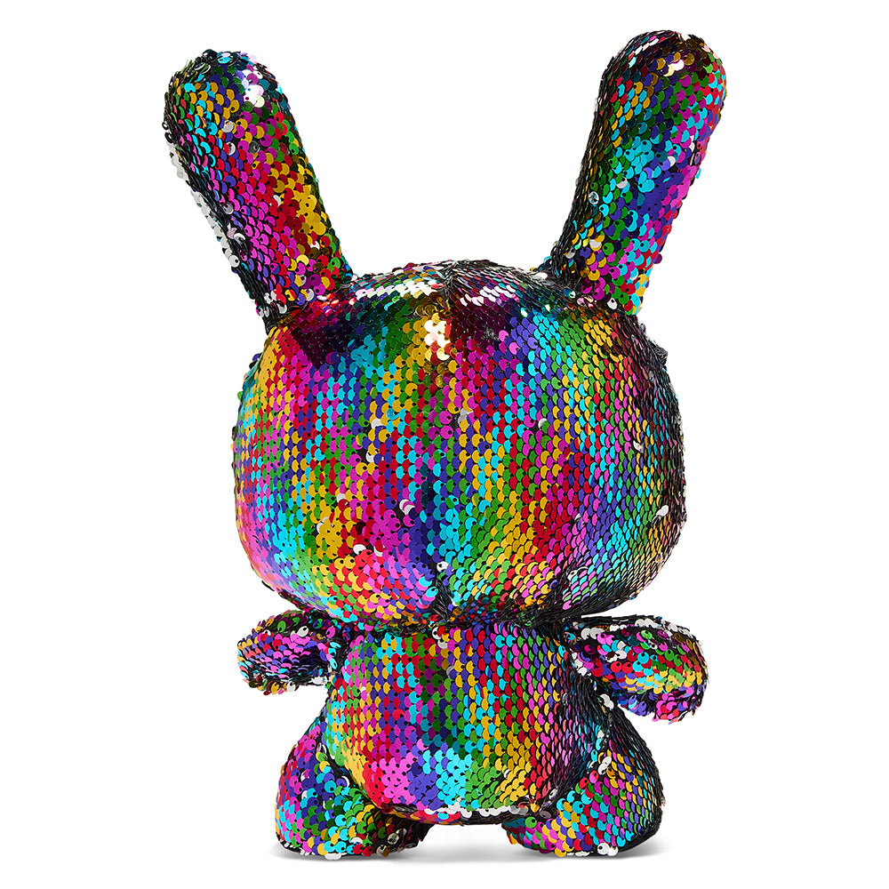 Kidrobot Flippin Rainbows 13-inch plush Dunny toy with colorful rainbow design and soft fabric texture.