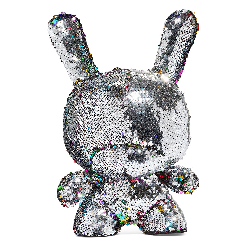 Kidrobot Flippin Rainbows 13-inch plush Dunny toy with colorful rainbow design and soft fabric, display front view.
