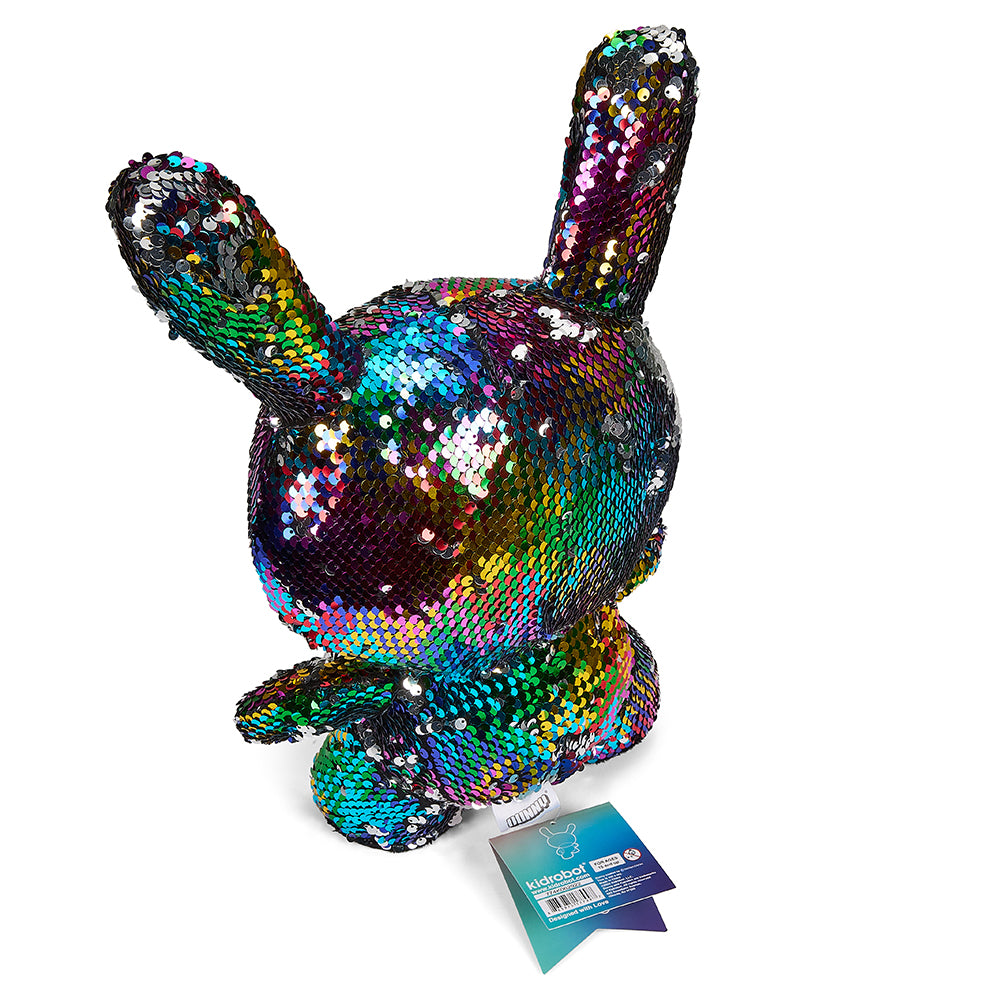 Kidrobot Flippin Rainbows 13-inch plush Dunny featuring colorful rainbow design and soft fabric, perfect for plush toy collectors.