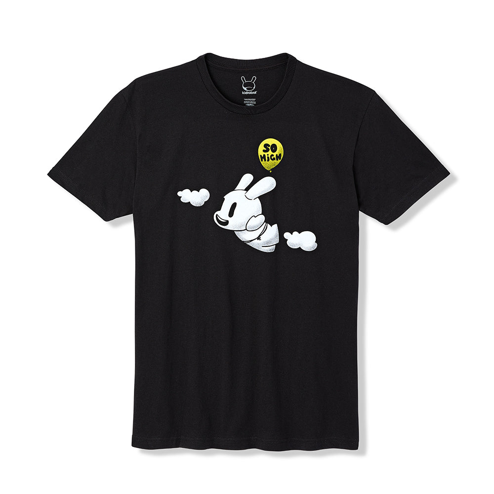 Kidrobot Flying High Dunny limited edition shirt in black, featuring graphic design, from the 2022 Con exclusive apparel collection.