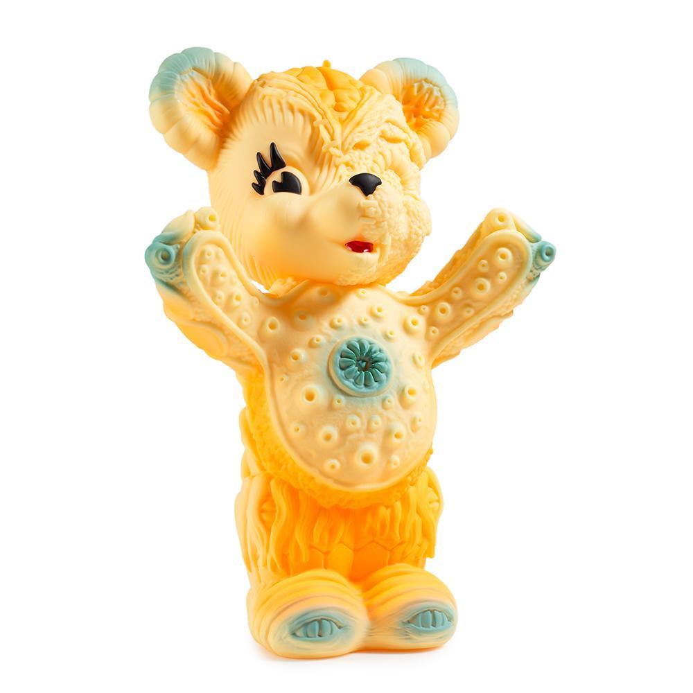 Orange edition Free Hugs Bear art figure by Frank Kozik, limited to 500, featuring a vinyl collectible art sculpture with a playful design.