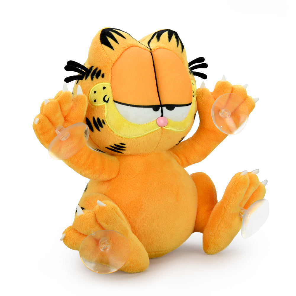 Garfield 8-inch plush suction cup window clinger by Kidrobot featuring relaxed expression and soft fabric, designed for window display.