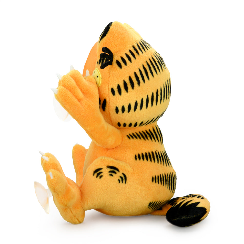Garfield 8-inch plush suction cup window clinger featuring relaxed expression, made by Kidrobot, ideal for decorating windows.
