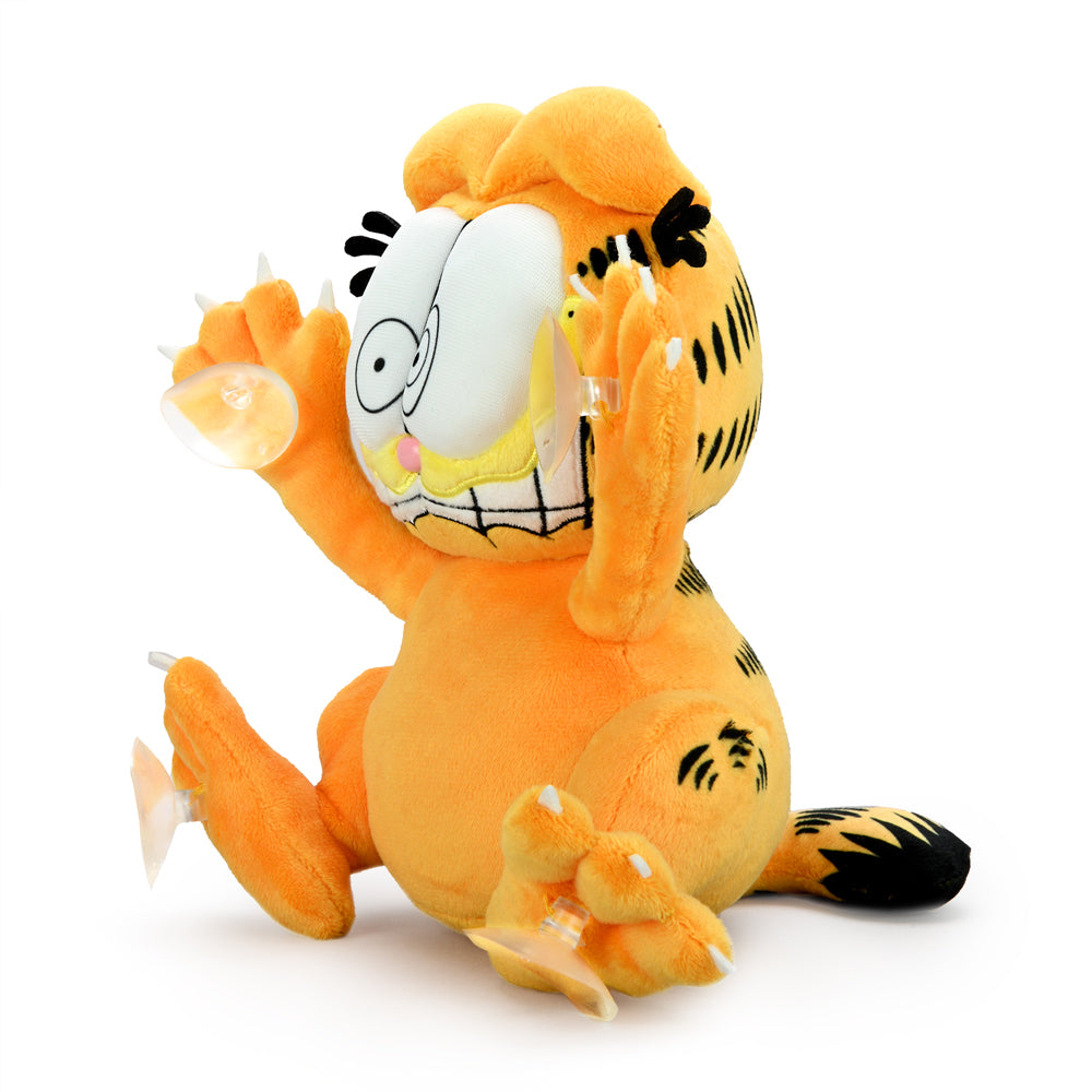 Garfield 8-inch plush suction cup window clinger by Kidrobot featuring a scared expression, designed for decorative display.