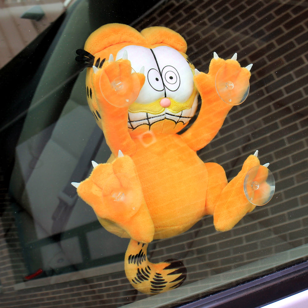 Garfield 8-inch plush suction cup window clinger by Kidrobot, featuring Garfield with a scared expression.
