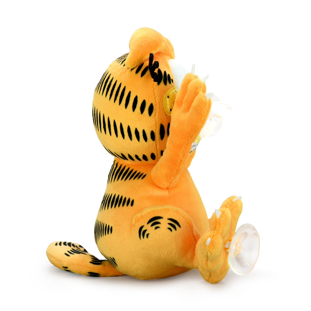 Garfield 8-inch plush suction cup window clinger by Kidrobot in scared edition, featuring Garfield's surprised expression.
