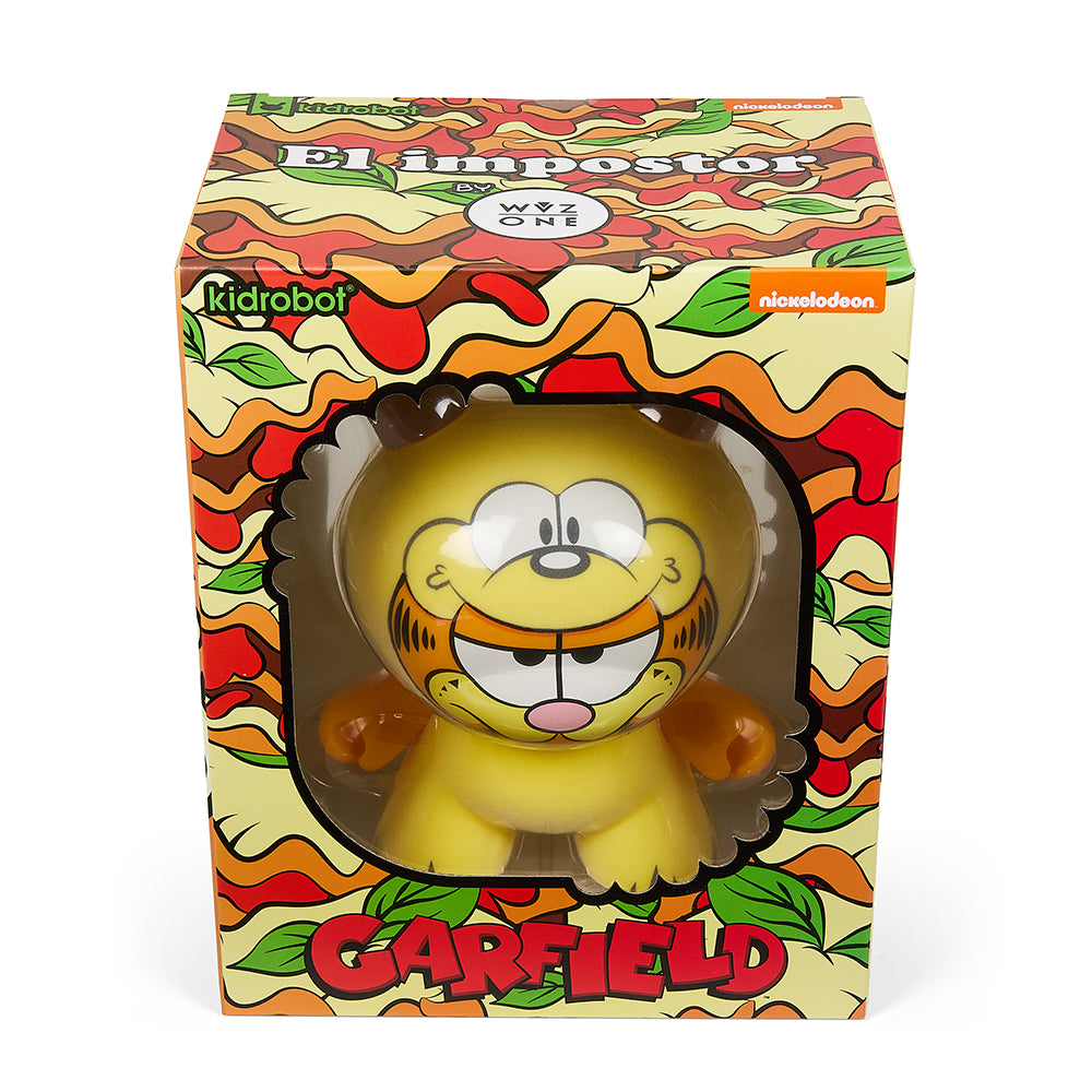 Garfield "El Impostor" 8-inch Dunny art figure by WuzOne, featuring a stylized cartoon cat with unique design elements.