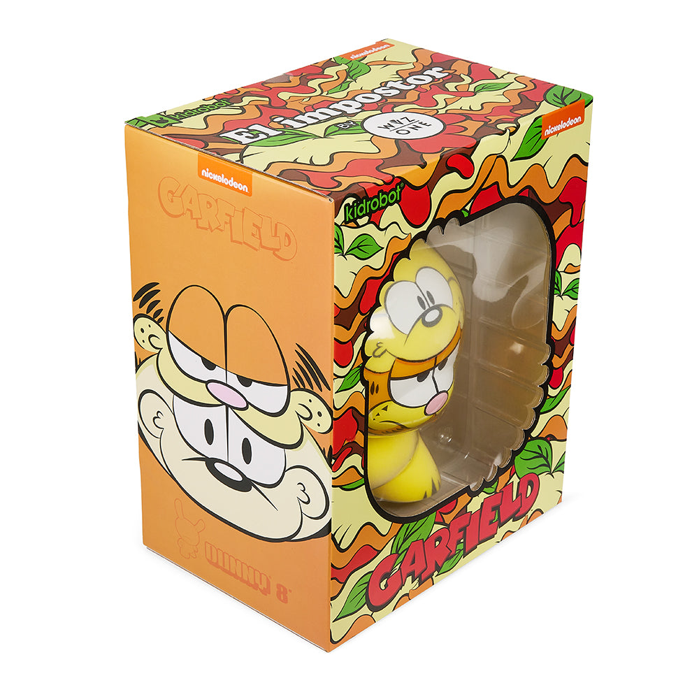 Garfield "El Impostor" 8-inch Dunny art figure by WuzOne, featuring a stylized cartoon cat with unique design elements.
