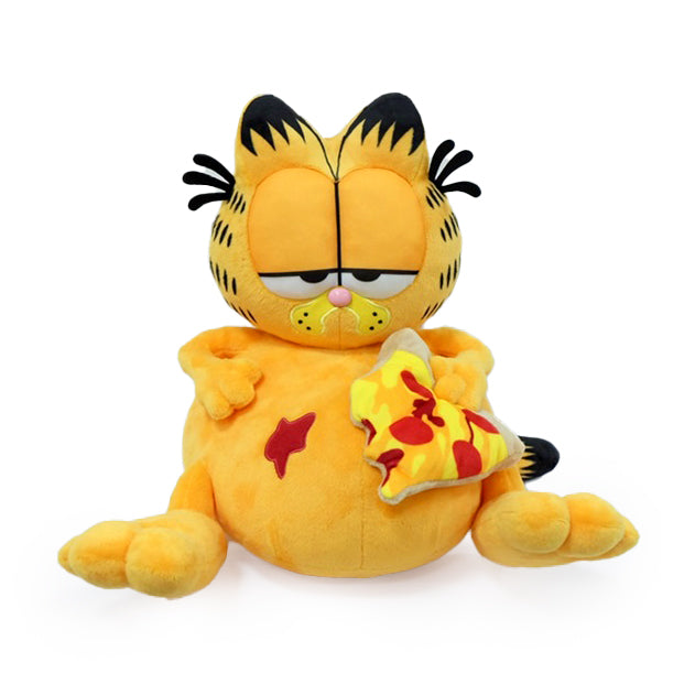 Garfield overstuffed pizza plush toy, 13-inch medium-sized stuffed animal by Kidrobot featuring Garfield's face and pizza design.