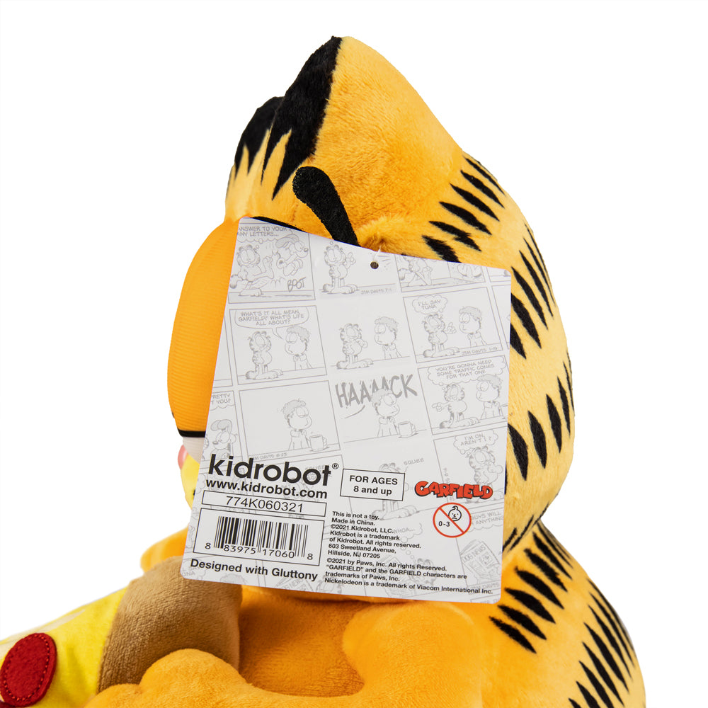 Garfield overstuffed pizza plush toy, 13-inch medium plush by Kidrobot, featuring Garfield's face with pizza slice design.