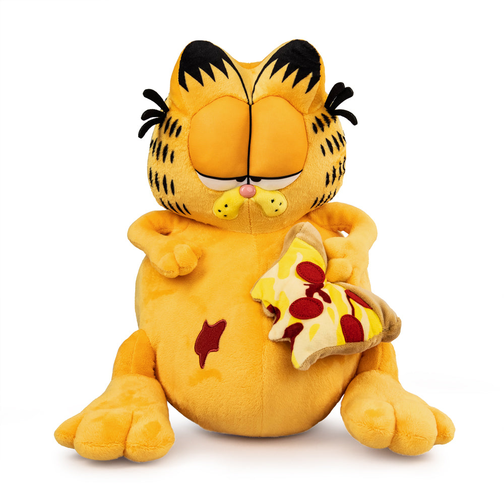 Garfield overstuffed pizza plush toy by Kidrobot, 13-inch medium soft plush featuring Garfield's face and pizza design.