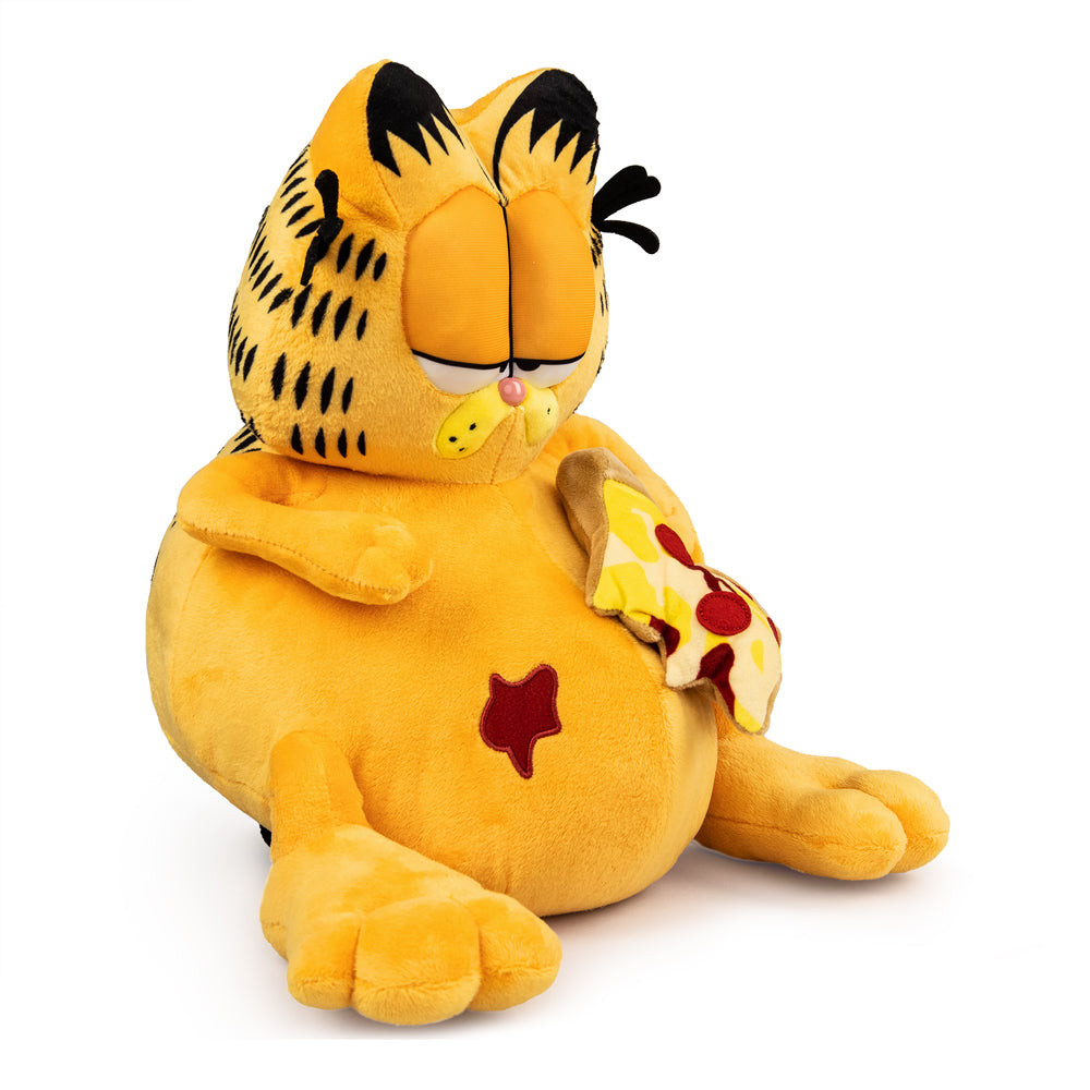 Garfield overstuffed pizza plush toy by Kidrobot, 13-inch medium soft stuffed cat with pizza design and bright colors.
