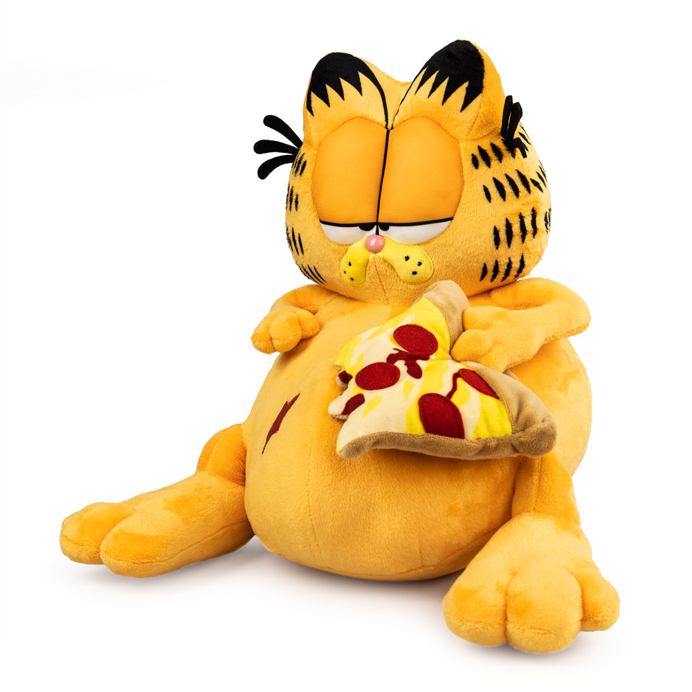 Garfield overstuffed pizza plush toy, 13-inch medium plush by Kidrobot featuring Garfield's face with pizza design.