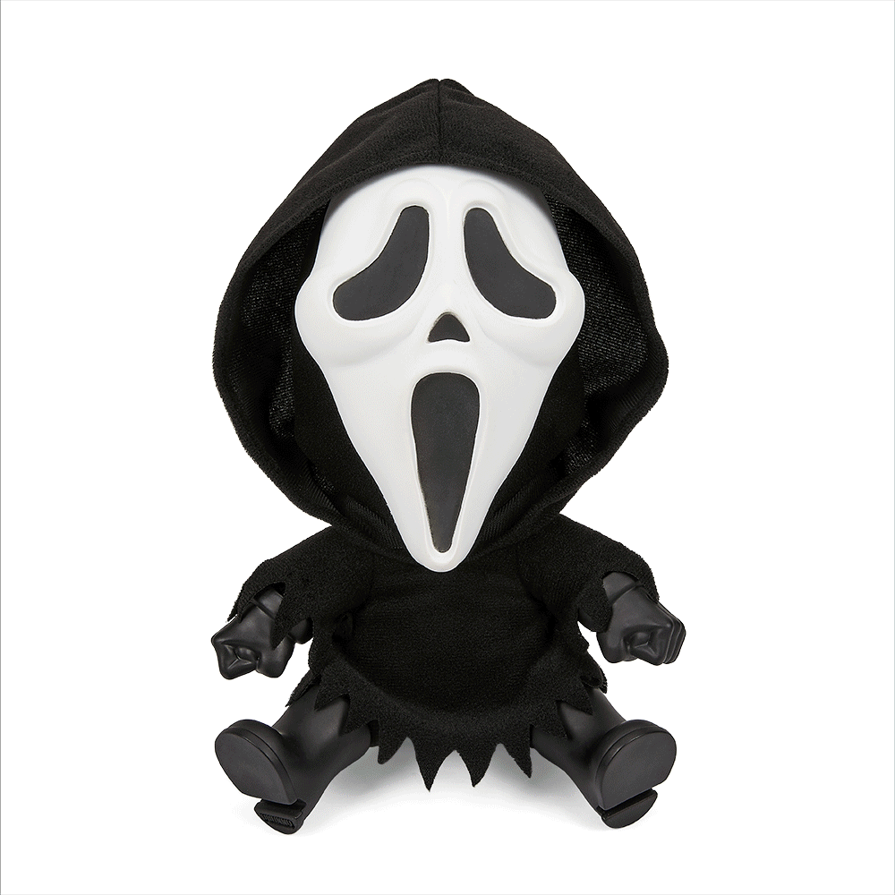 Ghost Face glow-in-the-dark Roto Phunny plush toy featuring a soft, detailed ghost face character in a playful pose.