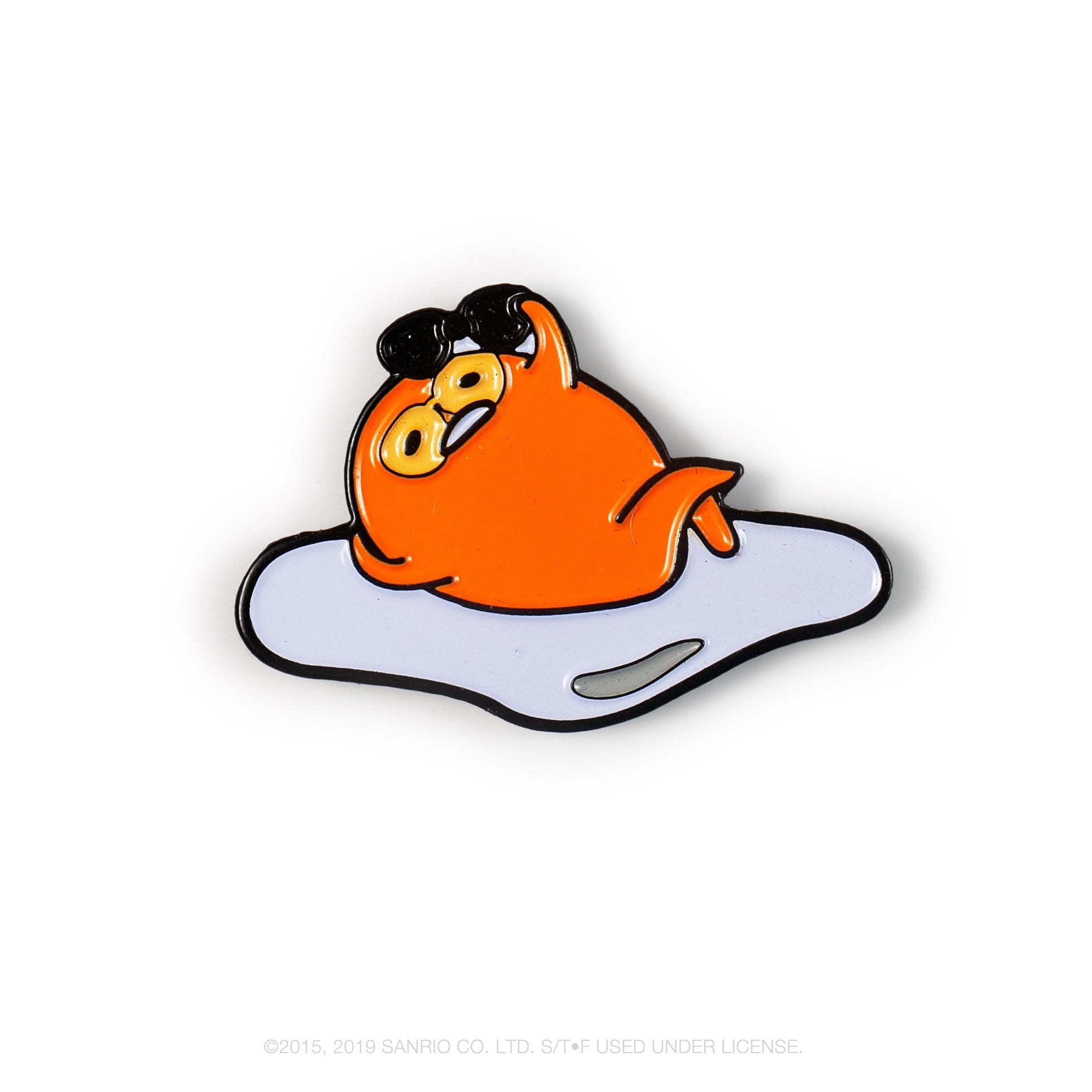 Gudetama Eggstra Lazy enamel pin from Kidrobot x Sanrio series, featuring a cute, lazy egg character in a collectible pin design.