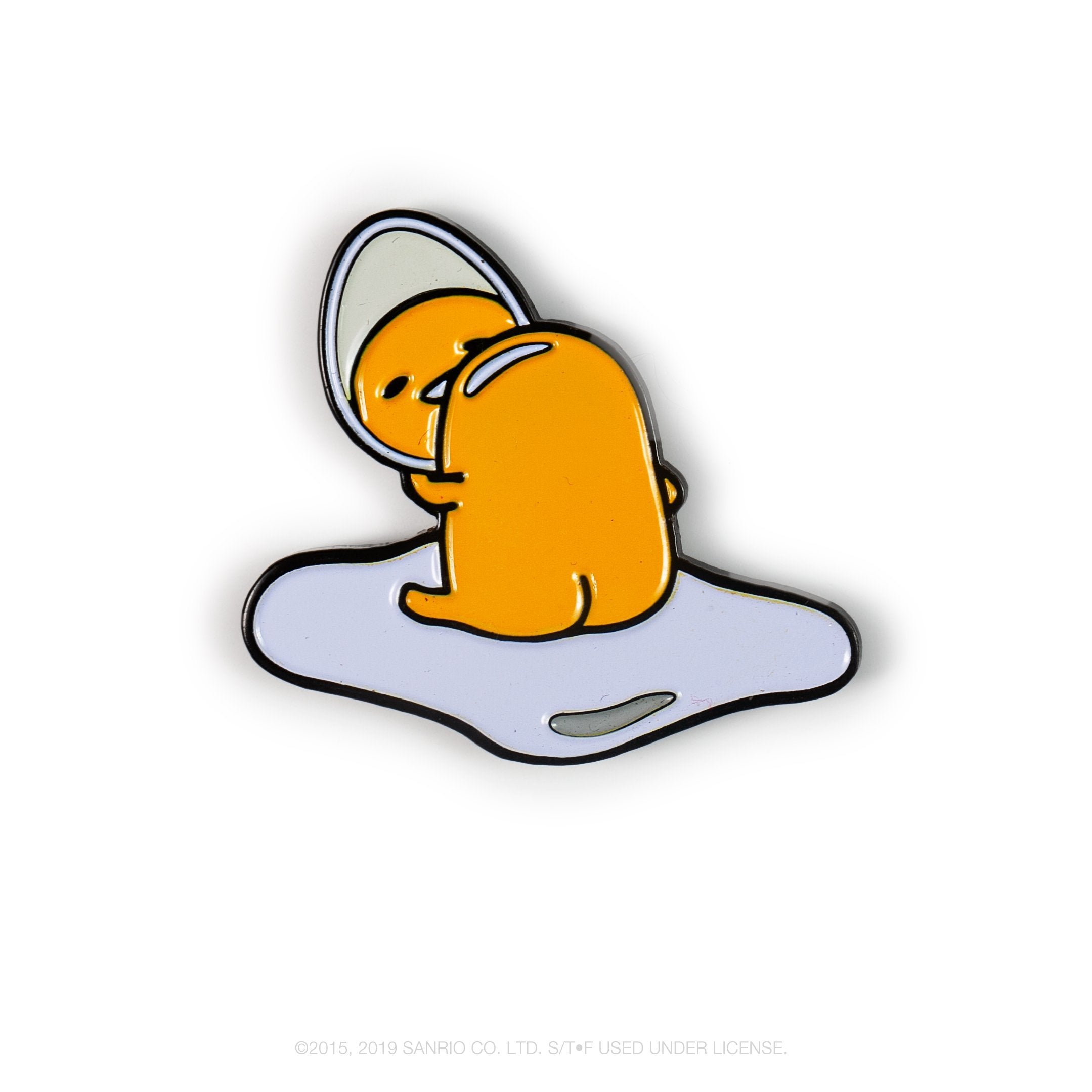 Gudetama Eggstra Lazy enamel pin from Kidrobot x Sanrio series featuring a relaxed egg character on a white background.