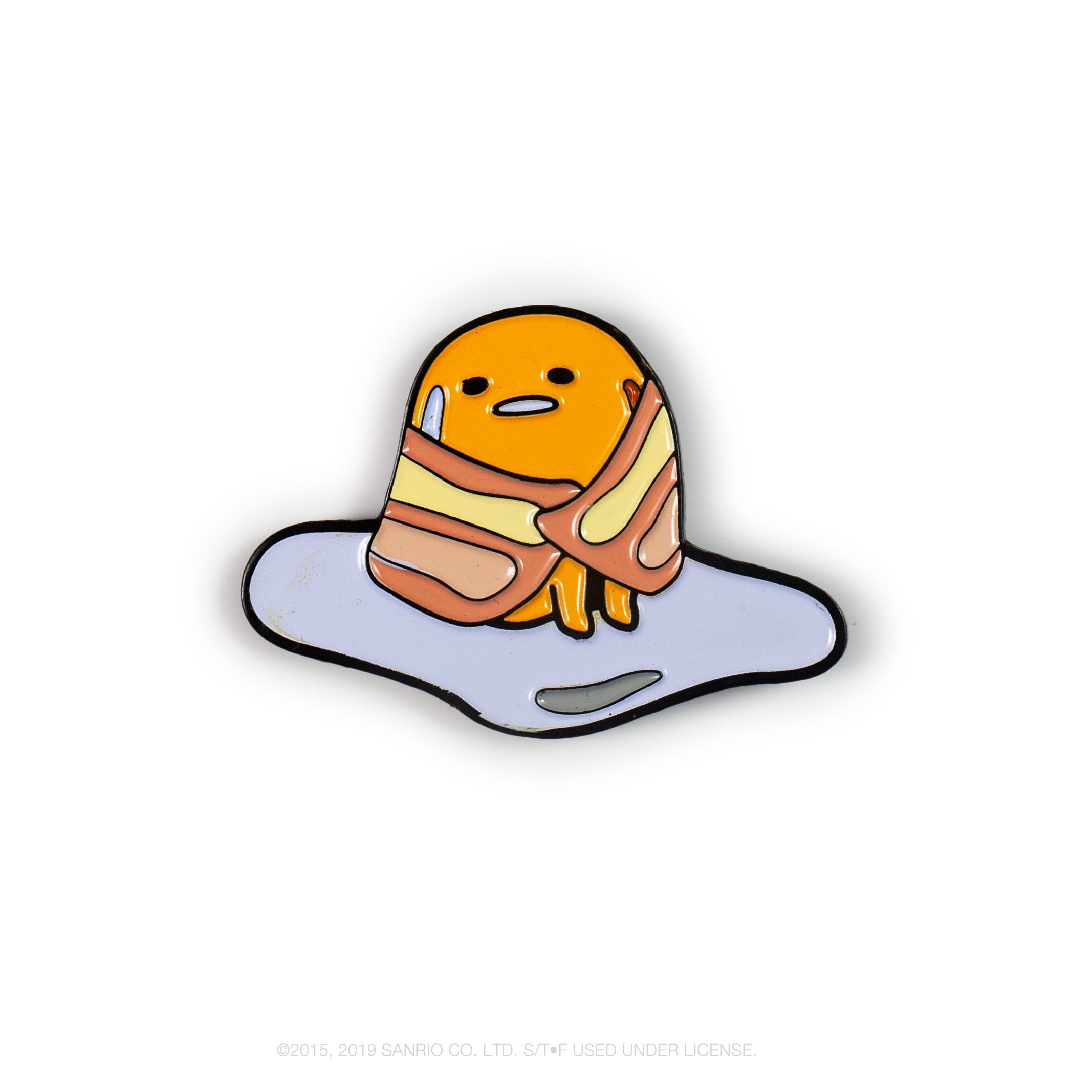 Gudetama Eggstra Lazy enamel pin from Kidrobot x Sanrio series, featuring a cute, sleepy egg character in a blind box packaging