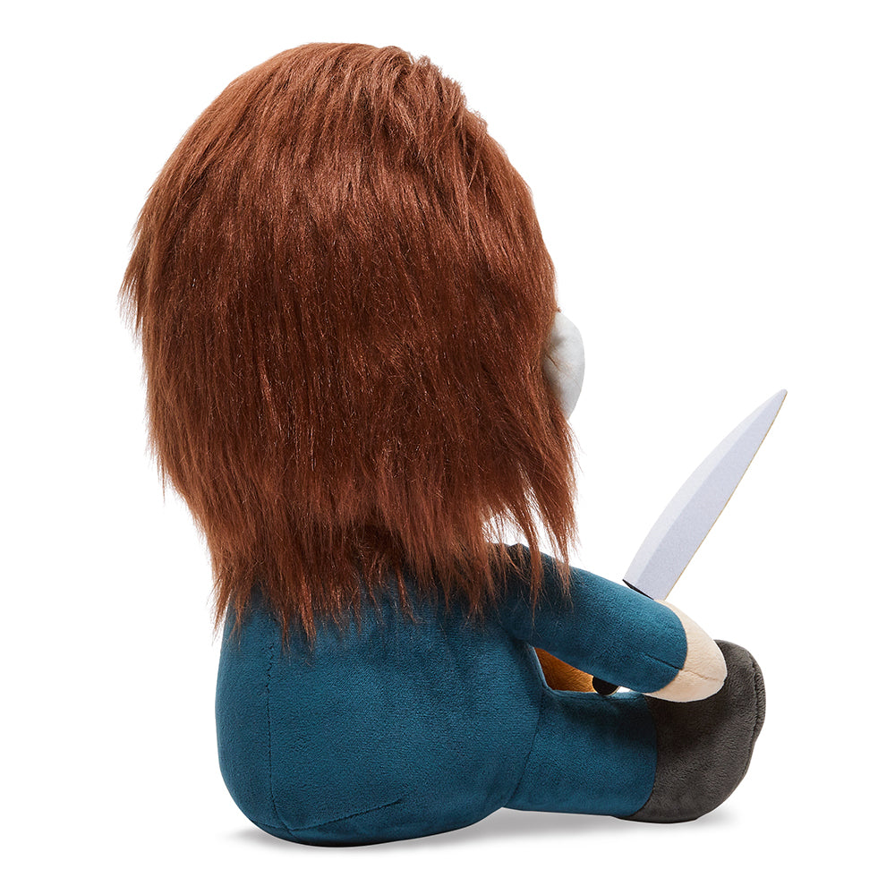 Halloween Michael Myers HugMe 16-inch Shake Action Plush by Kidrobot, featuring a detailed plush of the iconic horror character.