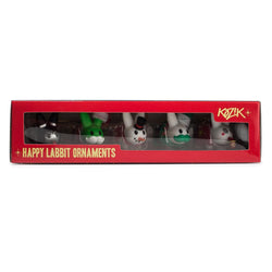 Set of five Happy Labbit Christmas tree ornaments featuring colorful ...