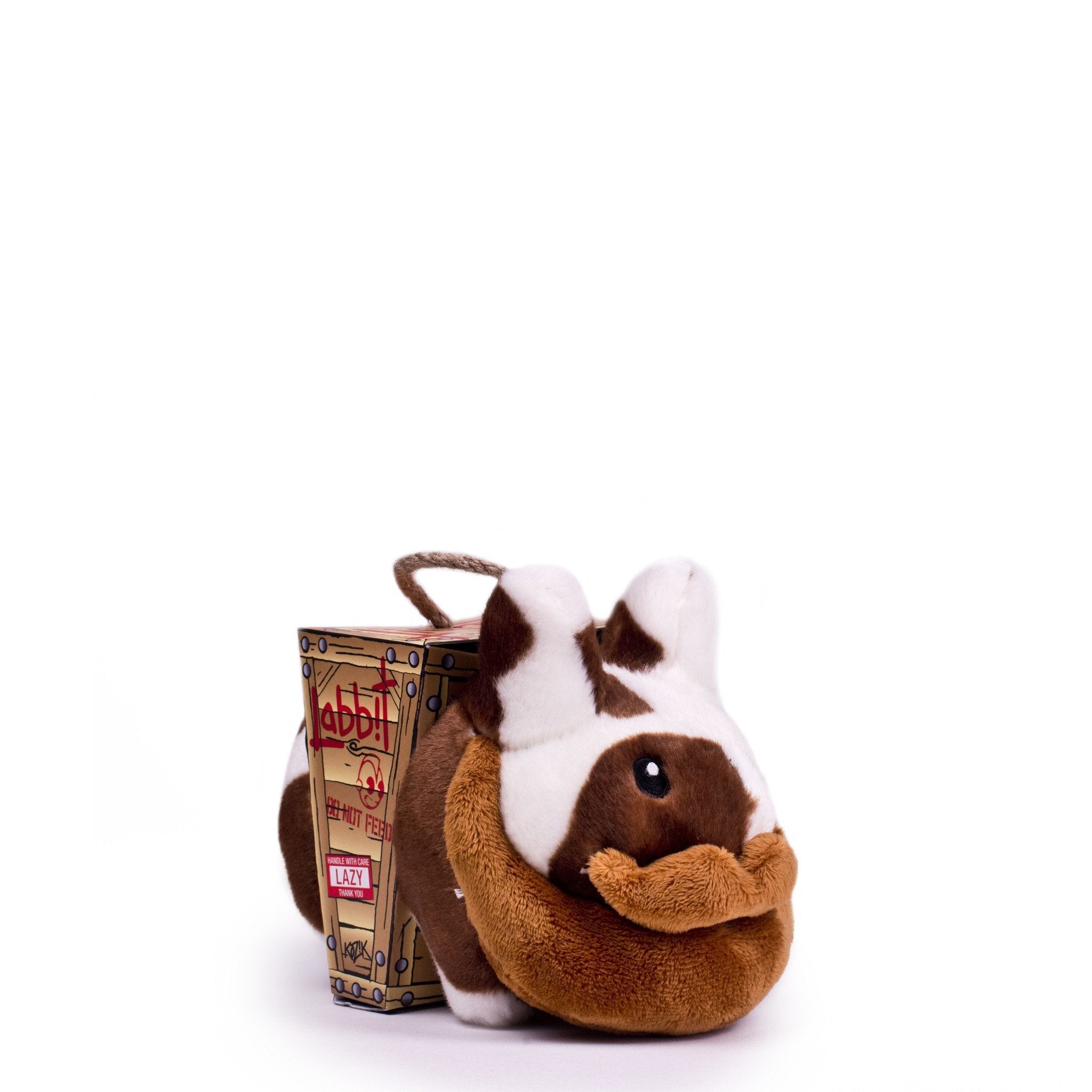 Brown Happy Labbit Cow 7-inch plush stuffed animal by Frank Kozik, soft polyester toy with detailed design.