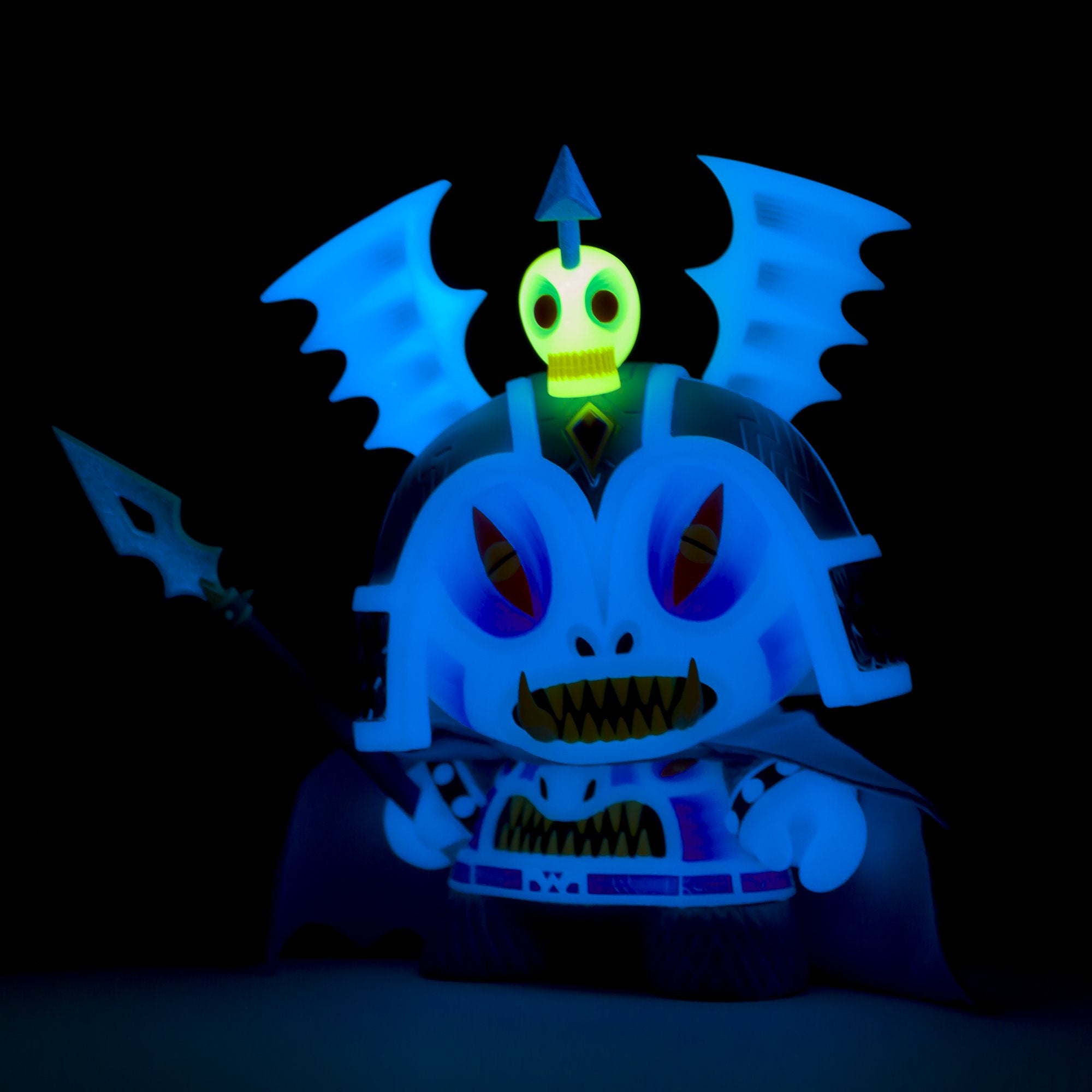 Harbinger 8-inch Dunny art figure by Martin Ontiveros in GID Blue Edition, featuring detailed design and vibrant glow-in-the-dark elements.
