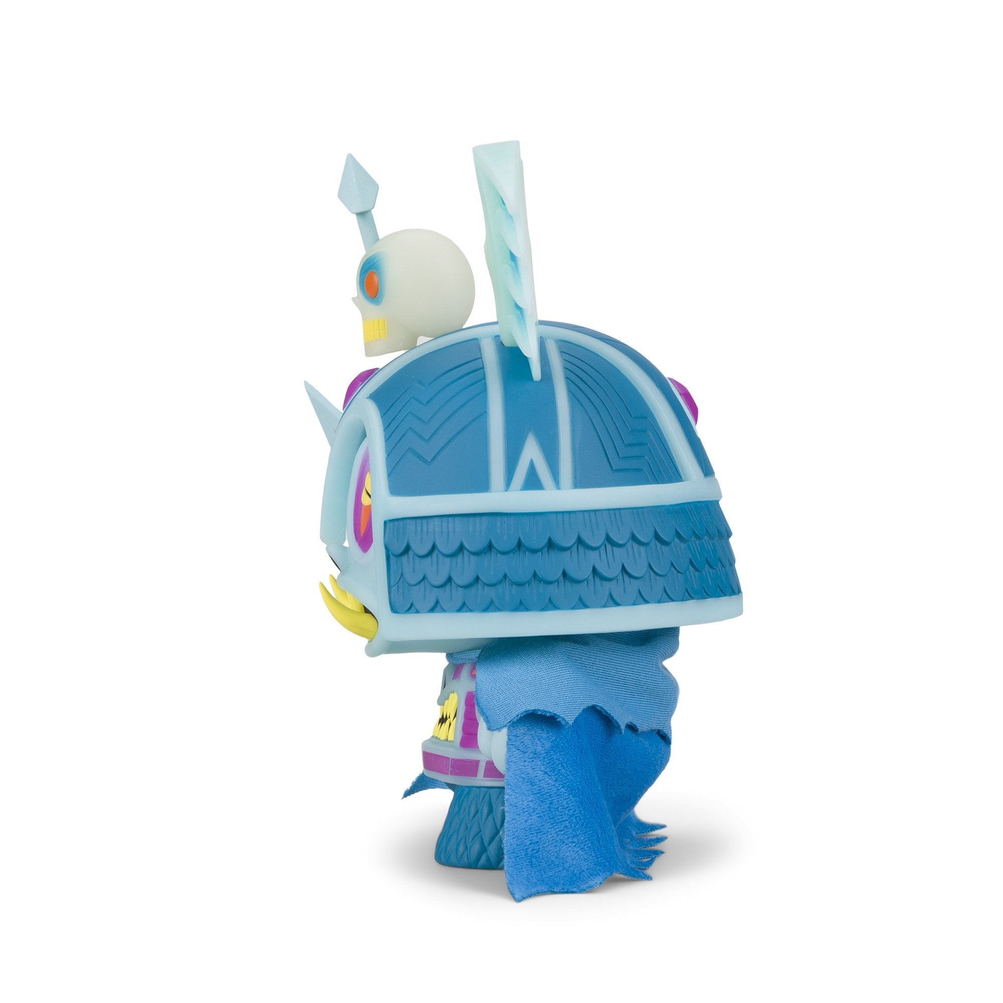 Harbinger 8-inch Dunny art figure by Martin Ontiveros in GID Blue Edition, showcasing detailed design and vibrant glow-in-the-dark features.