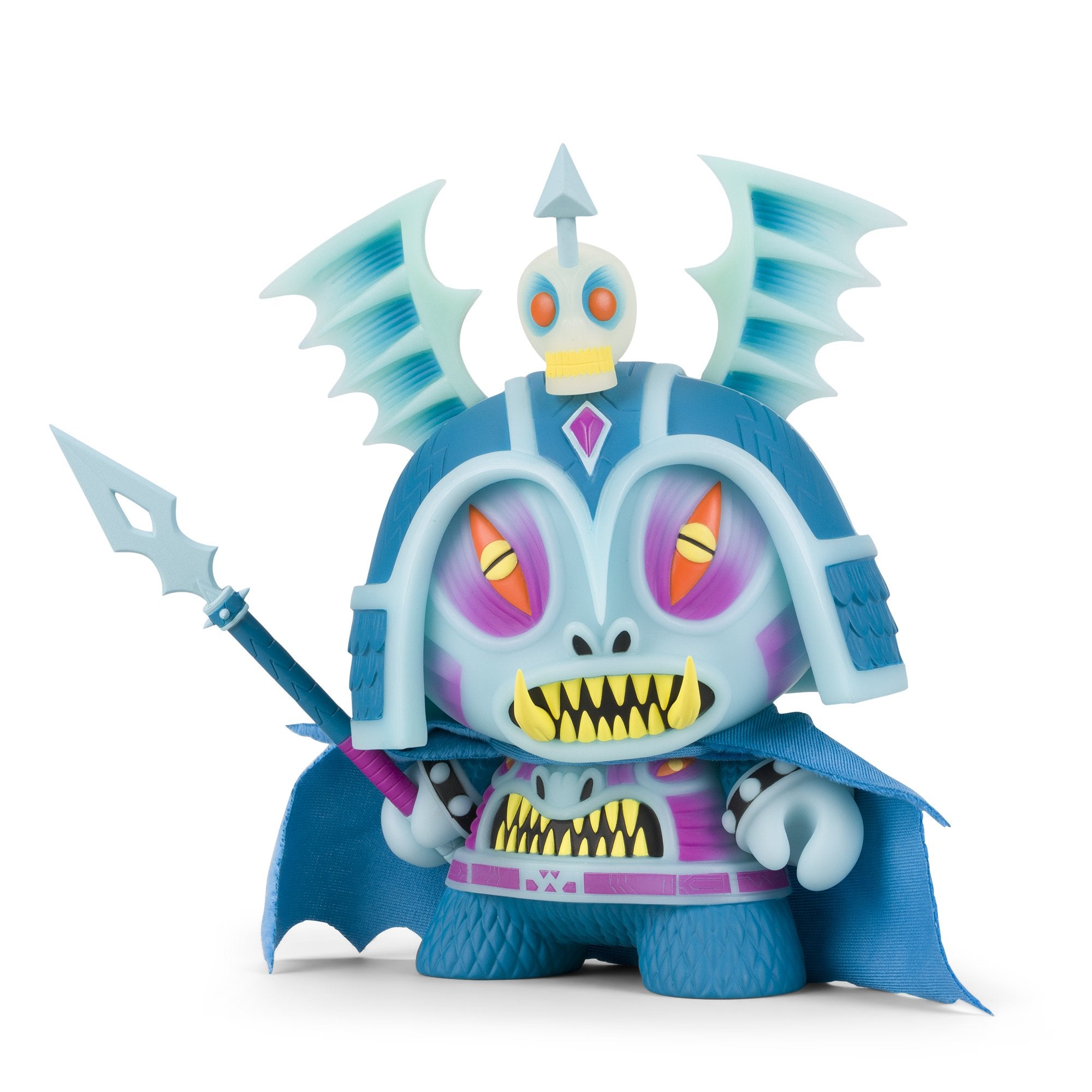 Harbinger 8-inch Dunny art figure by Martin Ontiveros in GID blue edition, featuring detailed design and vibrant glow-in-the-dark elements.