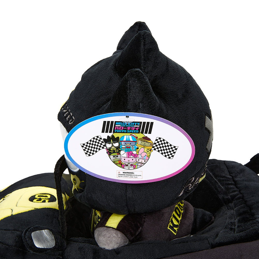 Sanrio Hello Kitty and Friends Tokyo Speed Racer Badtz-Maru 13-inch plush toy showing Badtz-Maru's black plush body and racing theme details.