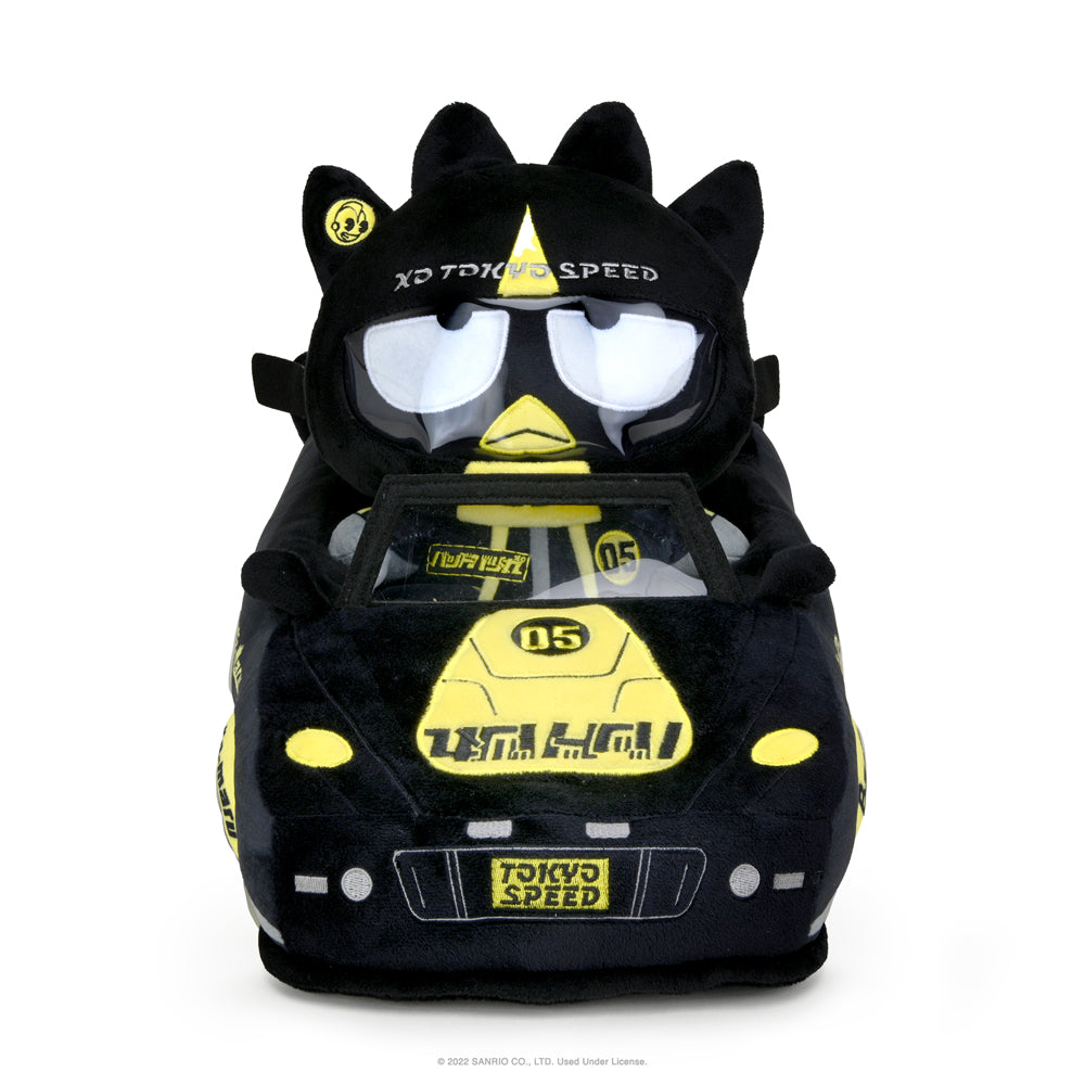 Sanrio Hello Kitty and Friends Tokyo Speed Racer Badtz-Maru 13-inch plush toy, soft and cuddly character from the Sanrio collection.