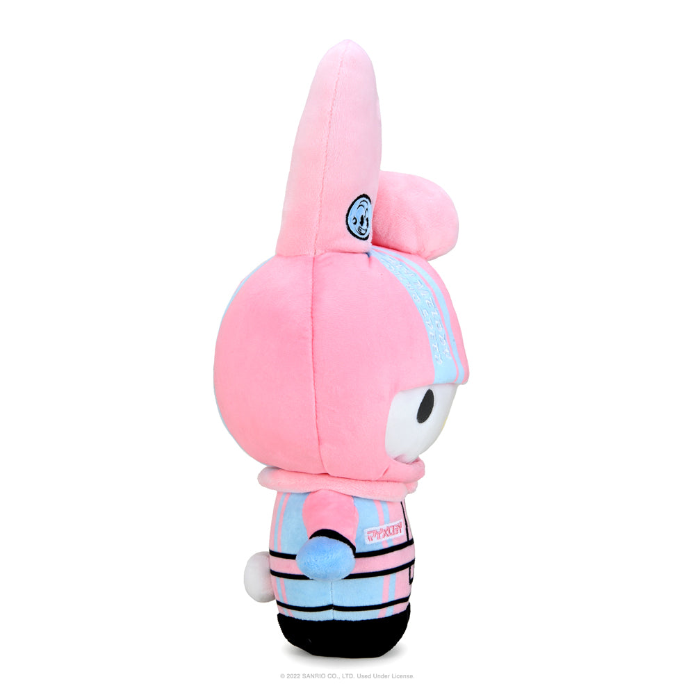 Sanrio Hello Kitty, My Melody, and Tokyo Speed Racer 13-inch plush toys featuring colorful, soft fabric and detailed character designs.