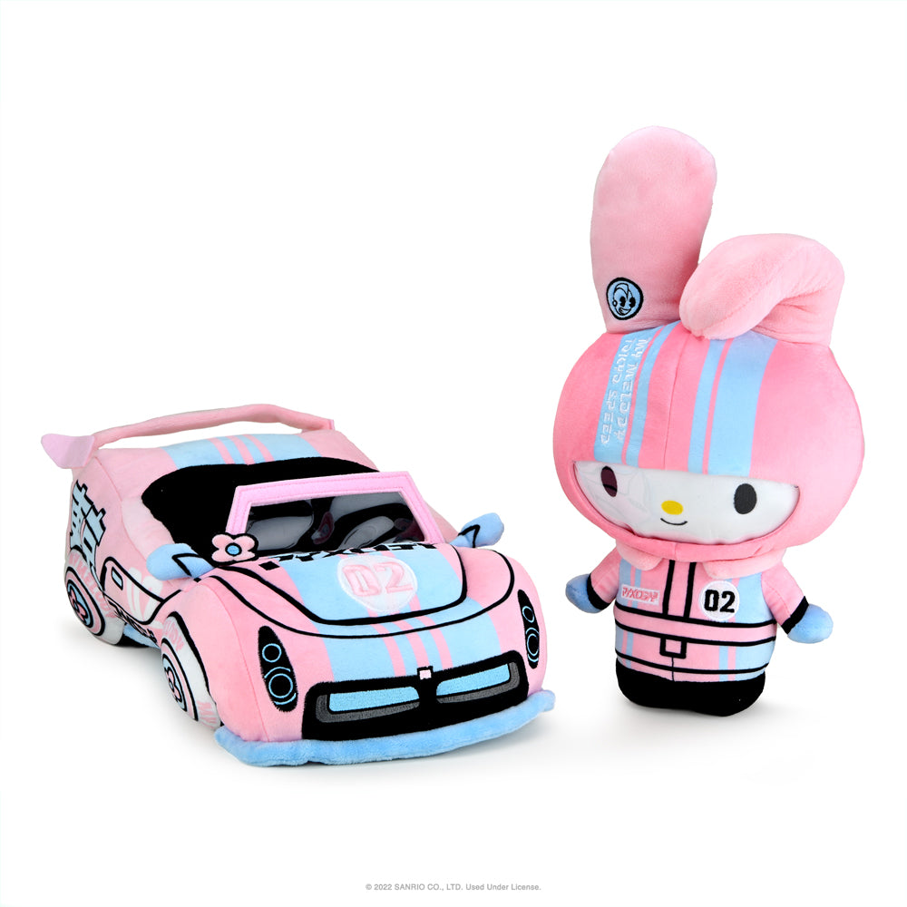 Sanrio Hello Kitty, My Melody, and Tokyo Speed Racer 13-inch plush toys featuring colorful, soft fabric and detailed character designs.