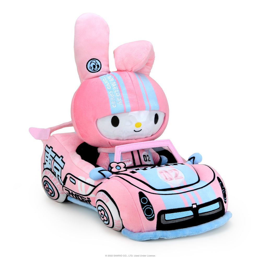 Sanrio Hello Kitty and Friends Tokyo Speed Racer 13-inch plush 4-pack featuring Badtz-maru, Kuromi, My Melody, and Hello Kitty.