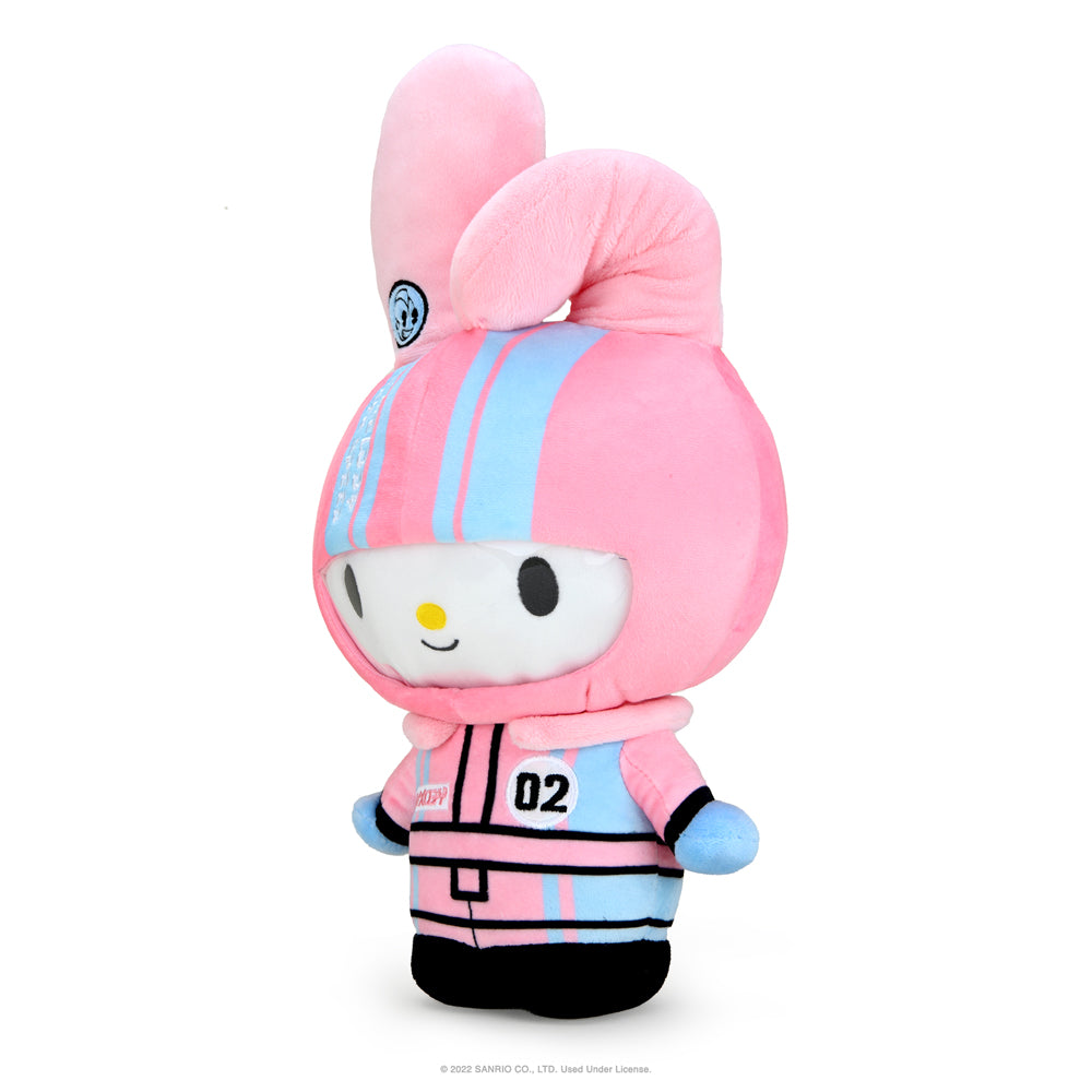 Sanrio Hello Kitty, My Melody, and Tokyo Speed Racer 13-inch plush toys featuring colorful character designs and soft fabric.