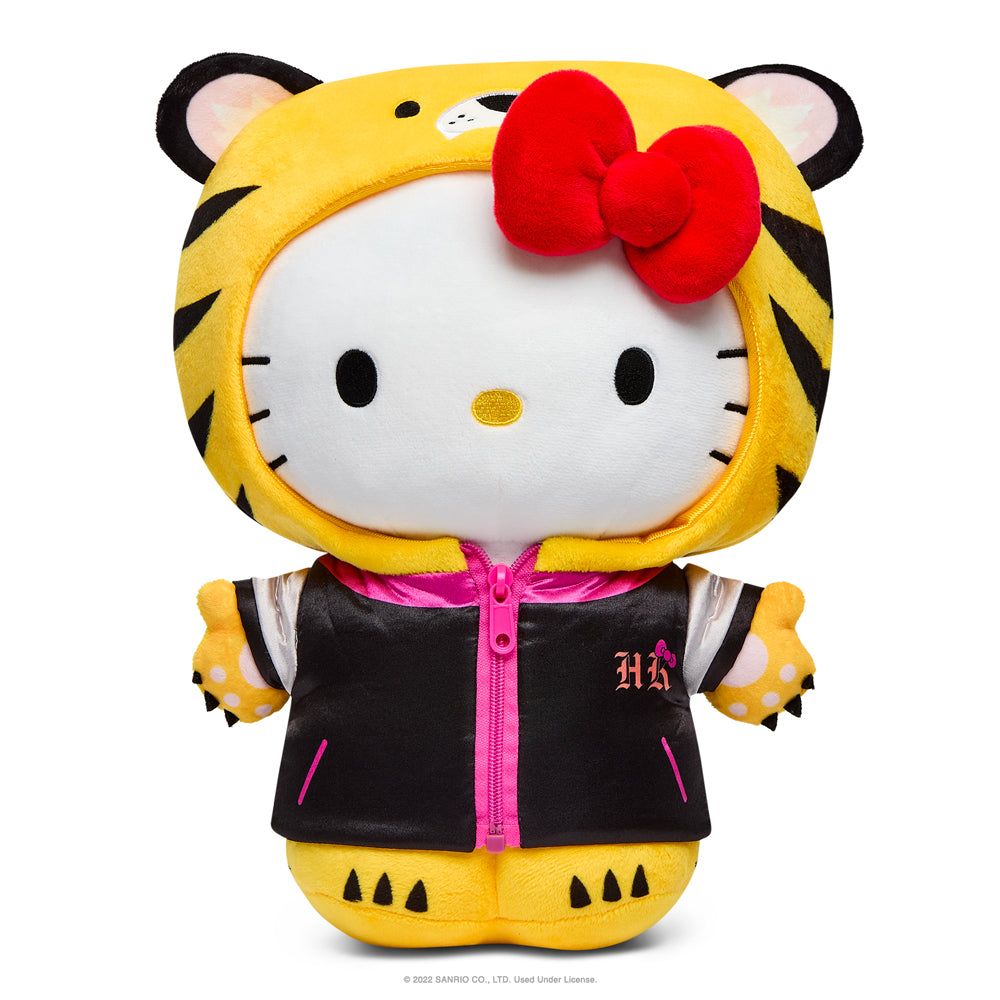 Sanrio Hello Kitty Chinese Zodiac Year of the Tiger 13-inch plush in black and cream edition, soft and cuddly toy.
