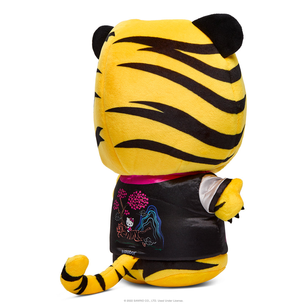 Sanrio Hello Kitty Chinese Zodiac Year of the Tiger 13-inch plush in black and cream, soft and cuddly toy for collectors or fans.
