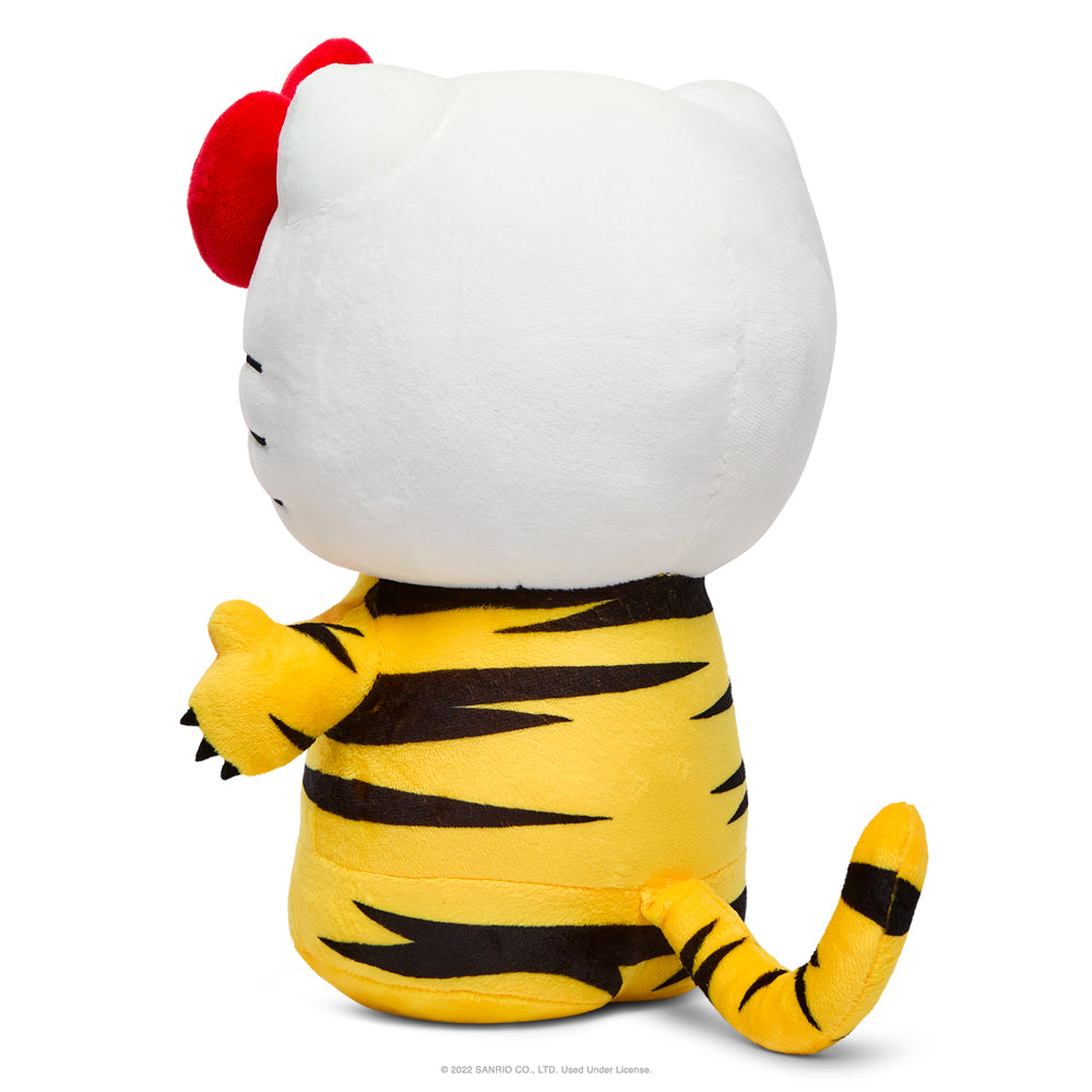 Hello Kitty Chinese Zodiac Year of the Tiger plush in black and cream, Sanrio 13-inch soft toy with tiger design.