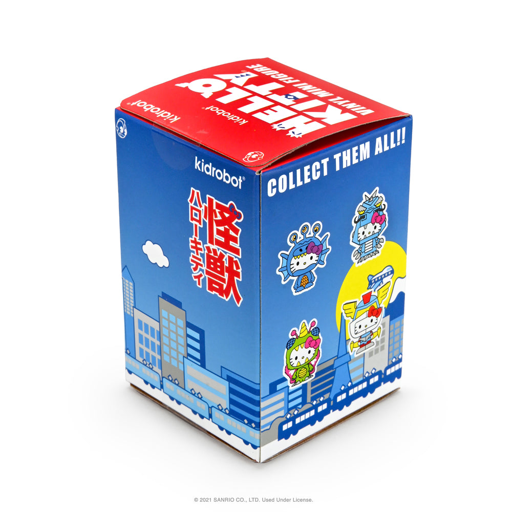 Hello Kitty Kaiju Monsters 3-inch collectible vinyl figure by Kidrobot, featuring Aquados with a blue wave design, Sanrio character.