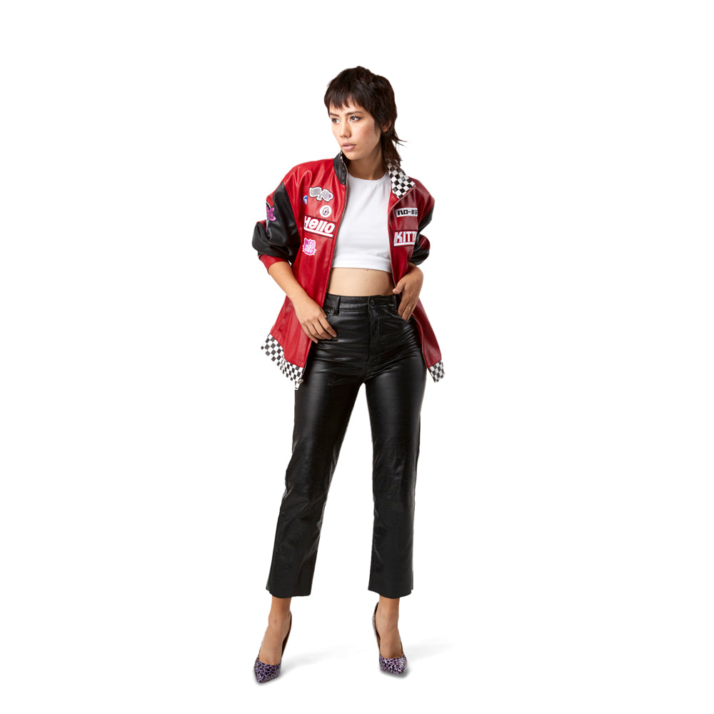Hello Kitty Tokyo Speed red moto jacket by Kidrobot, limited edition Sanrio apparel, showing the jacket's vibrant design and details.