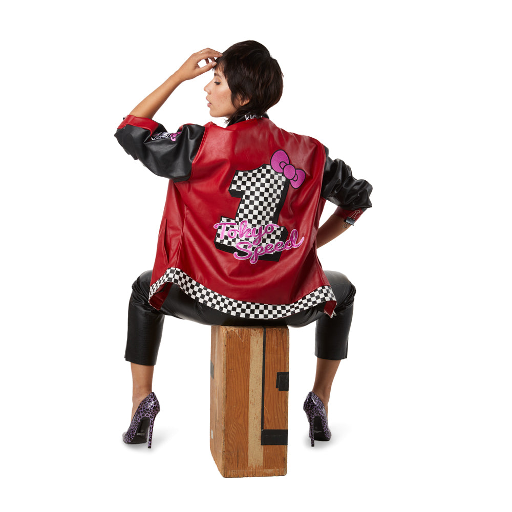 Hello Kitty Tokyo Speed red moto jacket by Kidrobot, limited edition Sanrio apparel with bold design and logo details.