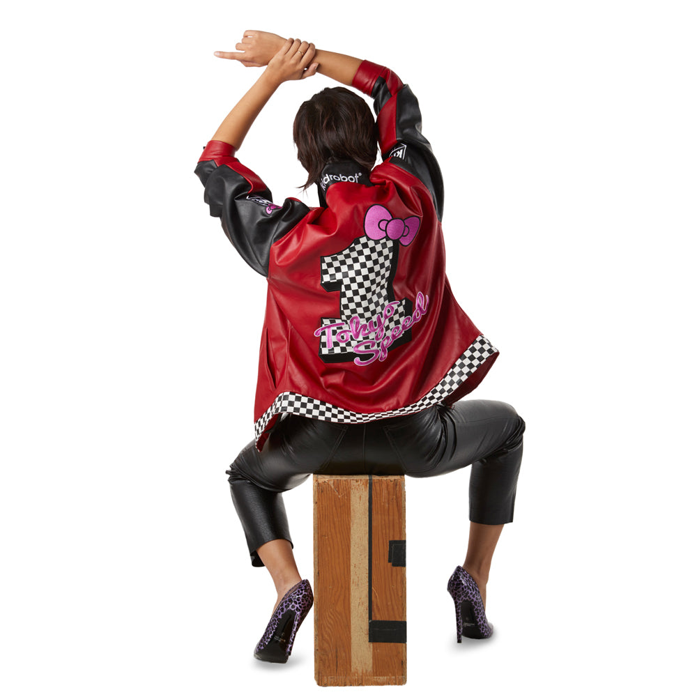 Hello Kitty Tokyo Speed red Moto jacket by Kidrobot, limited edition Sanrio apparel featuring bold design and vibrant color.
