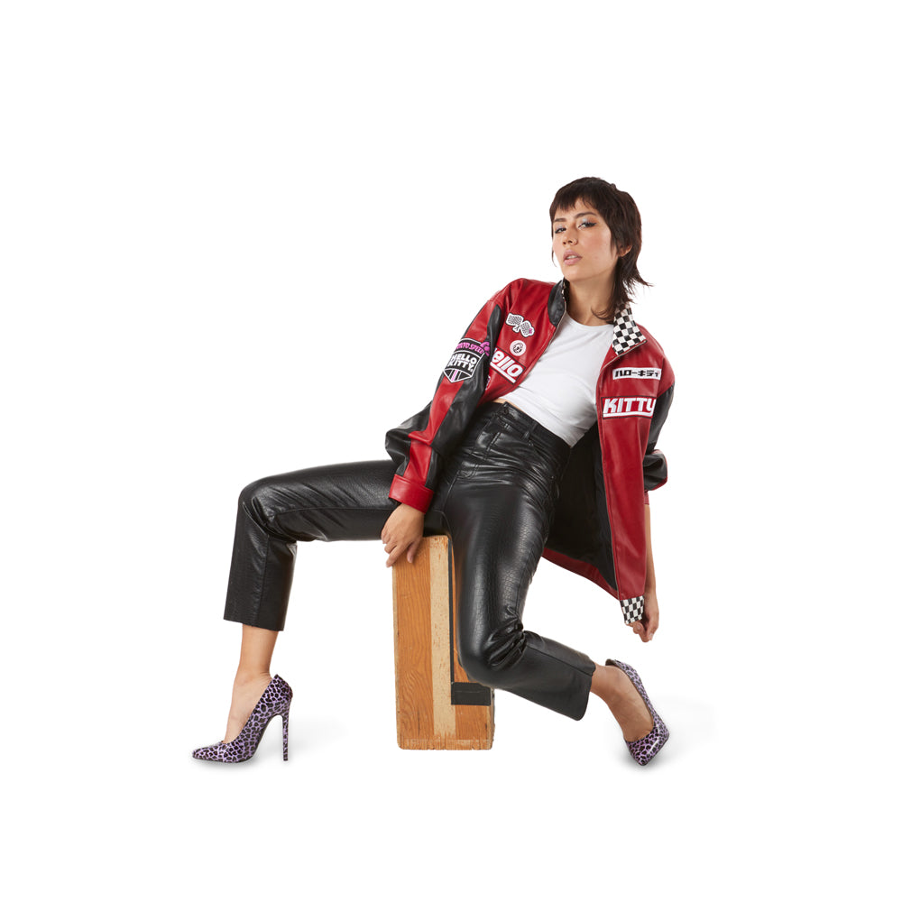 Hello Kitty Tokyo Speed red moto jacket by Kidrobot, limited edition Sanrio apparel featuring a stylish, vibrant design.