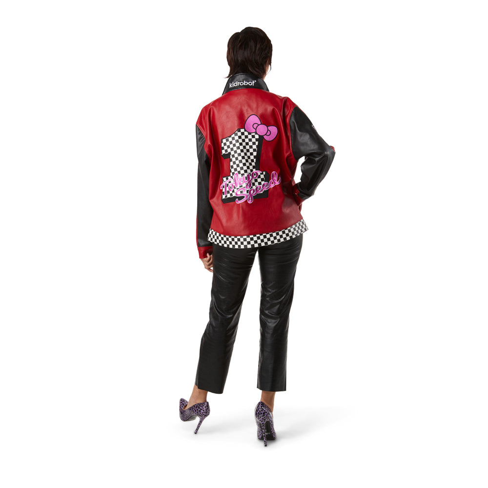 Hello Kitty Tokyo Speed Red Moto Jacket by Kidrobot, limited edition Sanrio apparel with bold design and vibrant red color.