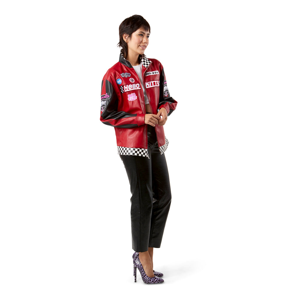Hello Kitty® Tokyo Speed Red Moto Jacket by Kidrobot, limited edition Sanrio apparel, featuring a vibrant red design and stylish details.