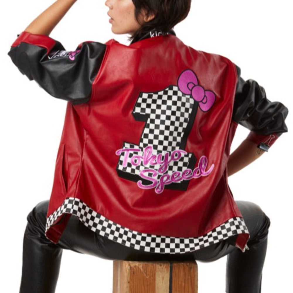 Hello Kitty Tokyo Speed red moto jacket by Kidrobot, limited edition Sanrio apparel with stylish design and bold colors.