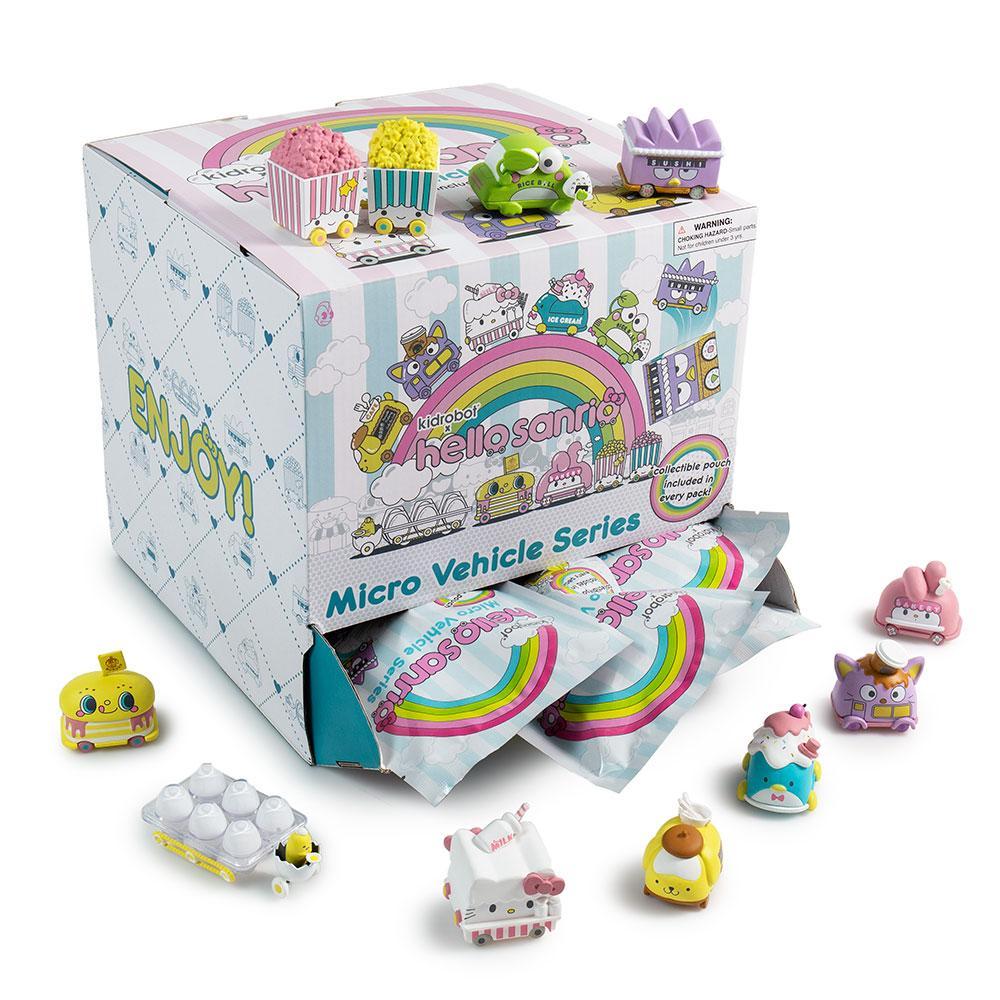 Vinyl Hello Sanrio micro vehicle blind bag by Kidrobot featuring a collectible Sanrio character figure in a sealed package.