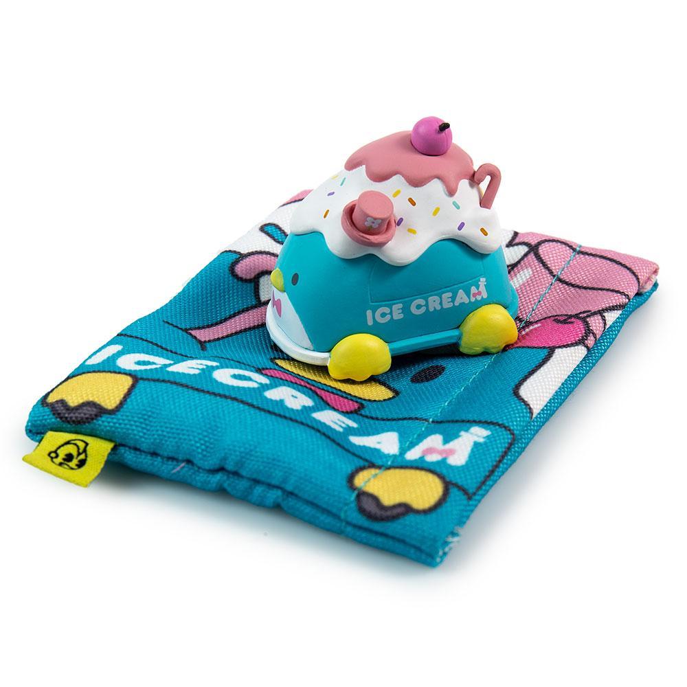 Hello Sanrio Micro Vehicle art figure by Kidrobot, vinyl collectible blind bag packaging, featuring colorful Sanrio character design.