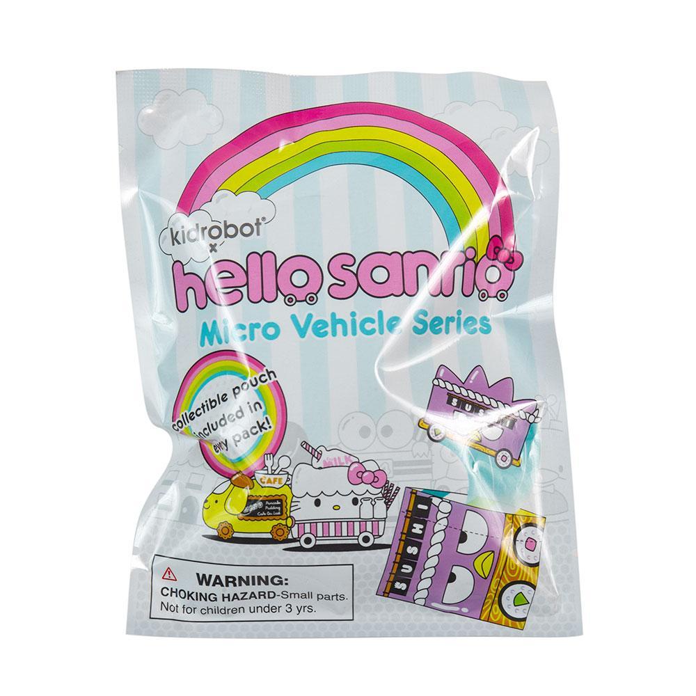 Sanrio Hello Kitty micro vehicle art figure by Kidrobot, vinyl blind bag collectible with colorful design and packaging.